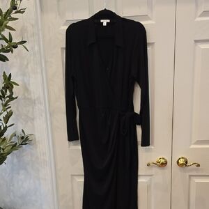 Nine West Black Long-Sleeve Wrap Midi Dress